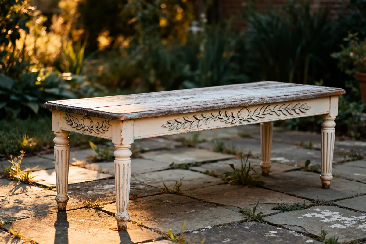 Antique bench with ornate carvings on a stone patio in garden setting