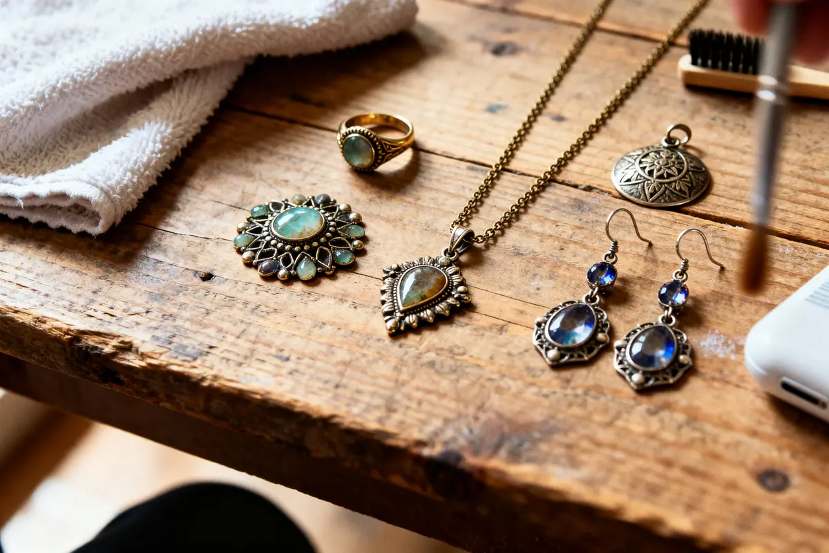 Clean antique jewelry set on rustic wooden table with cleaning tools and cloth