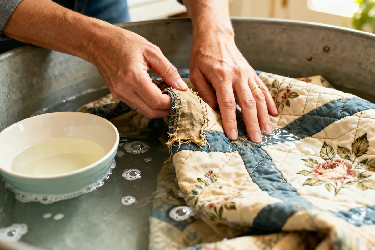 Hands delicately washing an antique quilt in soapy water, illustrating how to wash an antique quilt