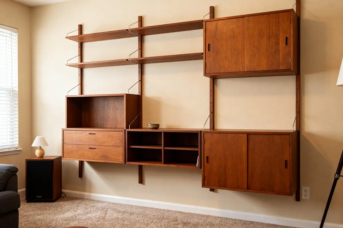 Mid century wall unit with shelves and cabinets in a stylish living room setting
