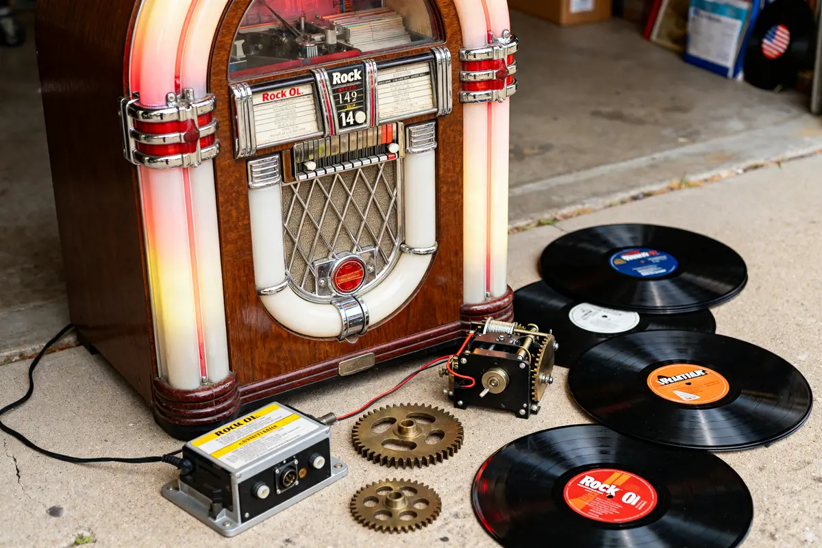Vintage Rock Ola 1422 converted to 45rpm with gears, records, and mechanical components displayed