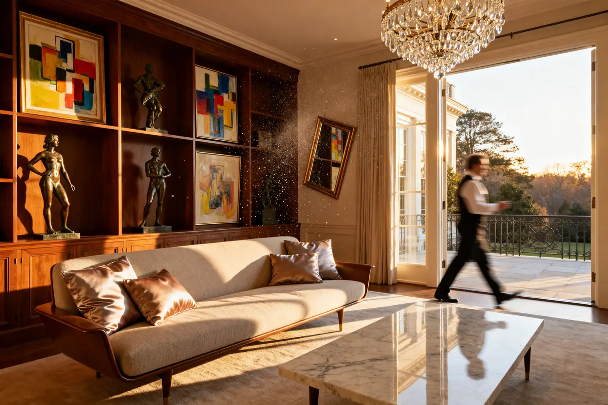 Elegant room with art collection and chandelier, related to Susie Hilfiger lifestyle and design