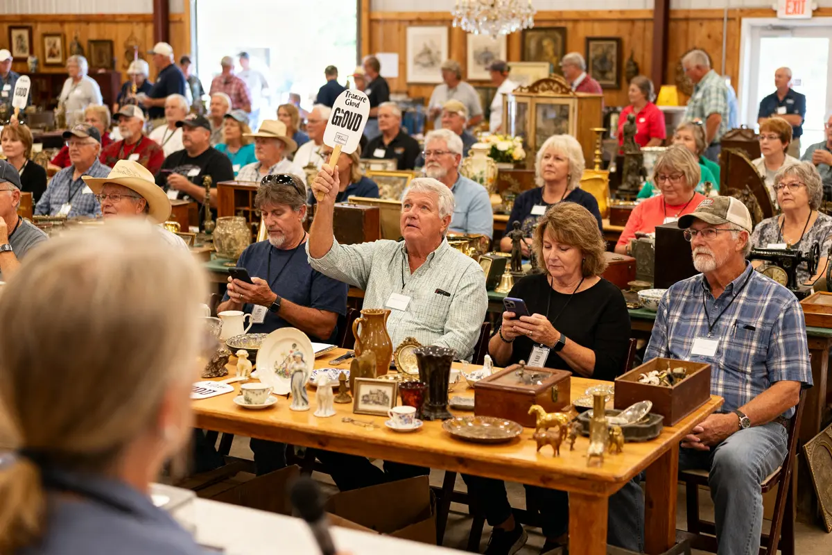 People bidding at Treasure Grove Auctions event with antiques on tables