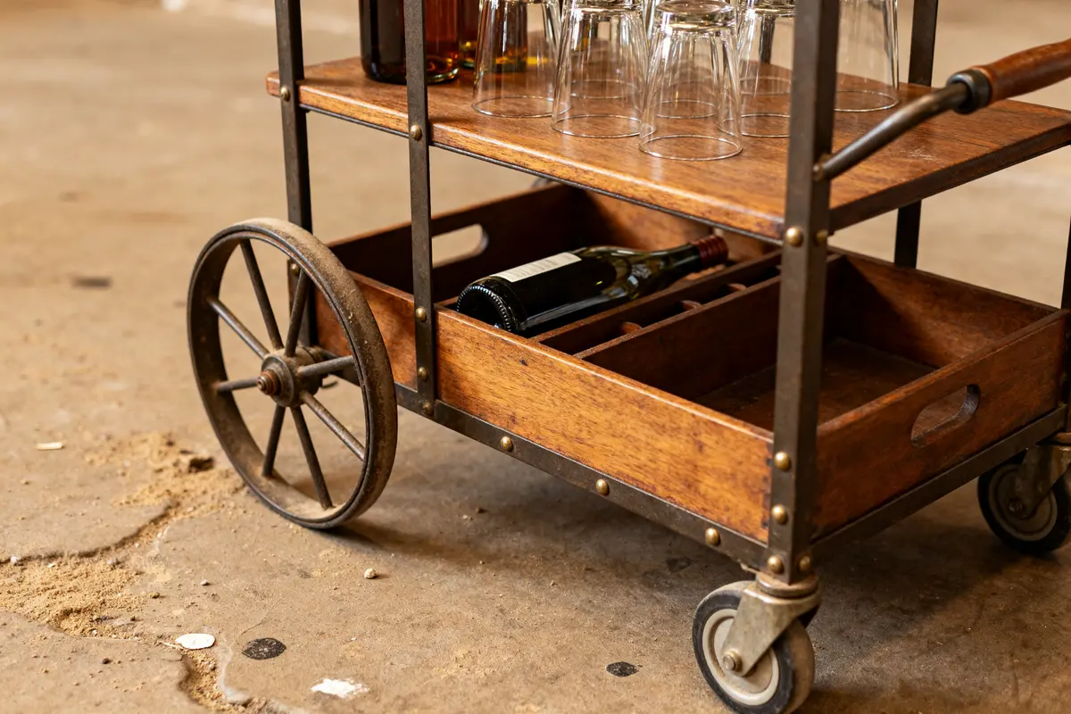 Wooden vintage bar cart with glasses, bottles, and large wheels on concrete floor