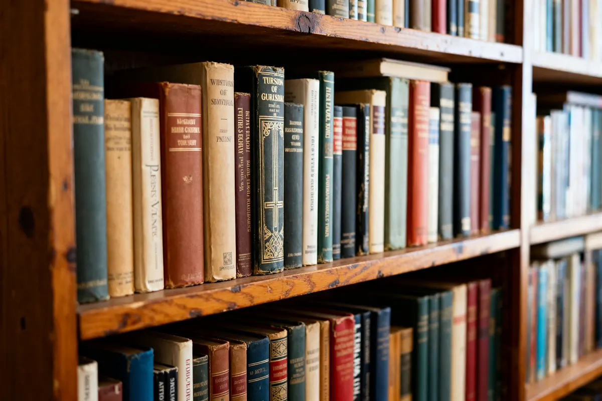 Vintage book shelf filled with assorted old books in a wooden bookshelf