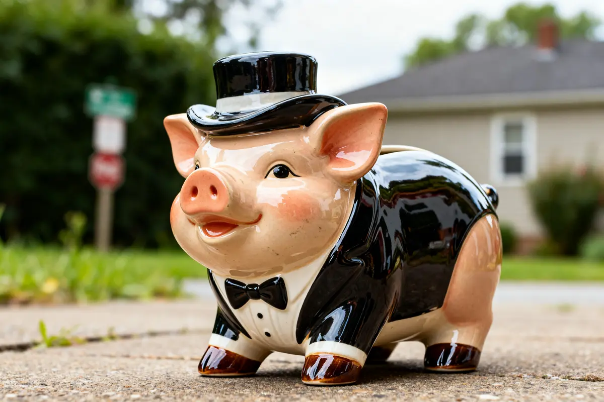 Dapper vintage pig cookie jar dressed in black tuxedo with top hat outdoors
