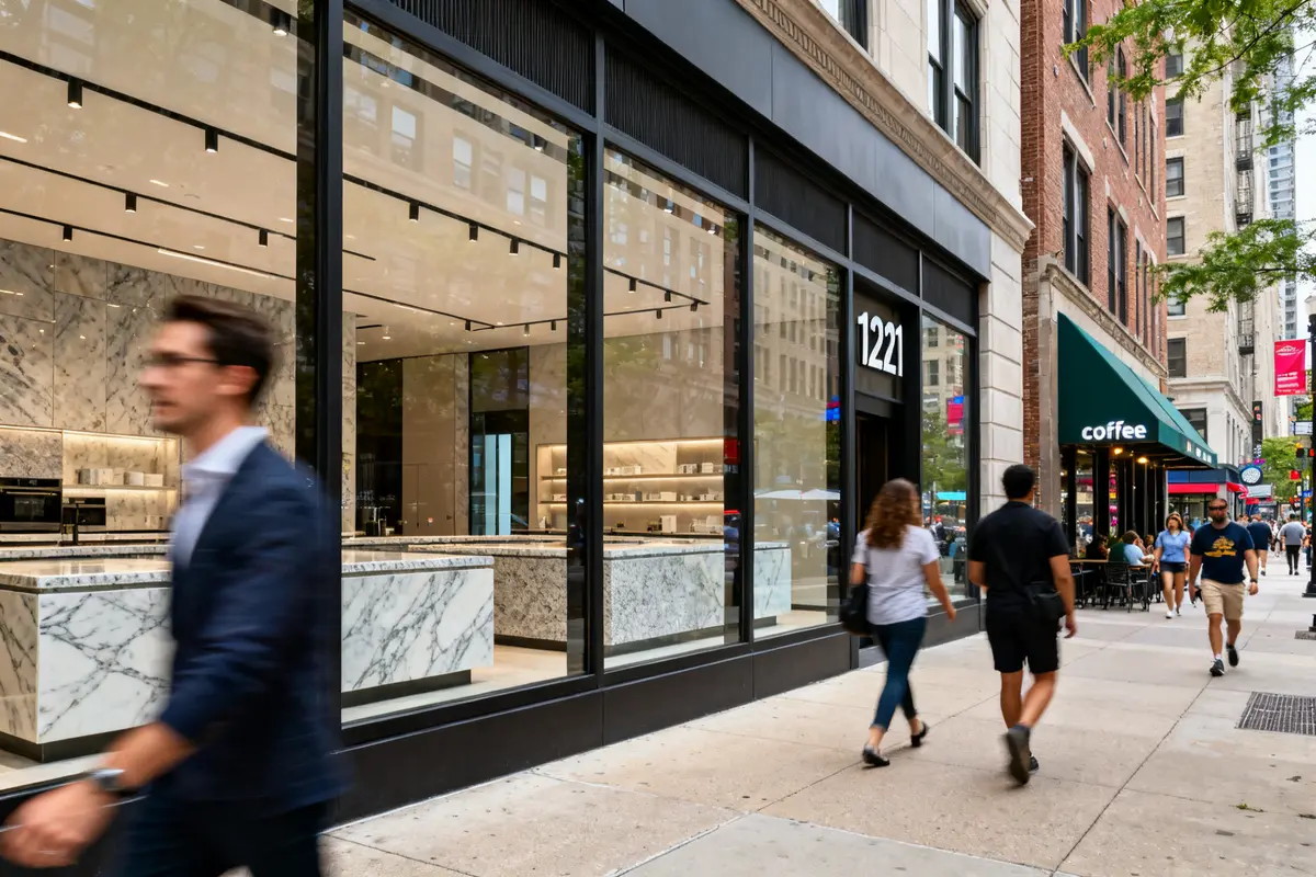 Storefront at 1221 N Dearborn with pedestrians passing by on the sidewalk