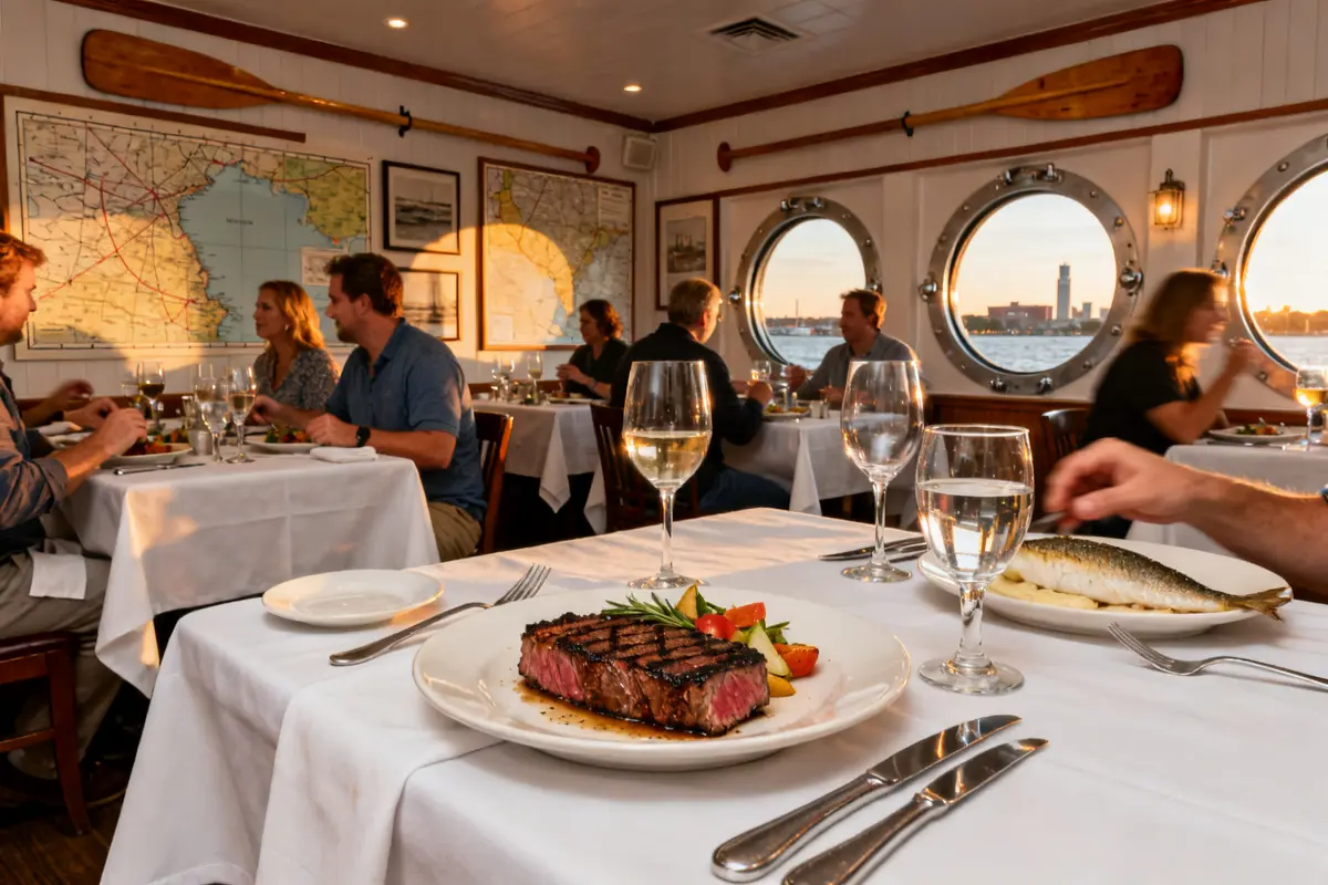 Elegant dining at 5 o clock club with scenic waterfront view through porthole windows