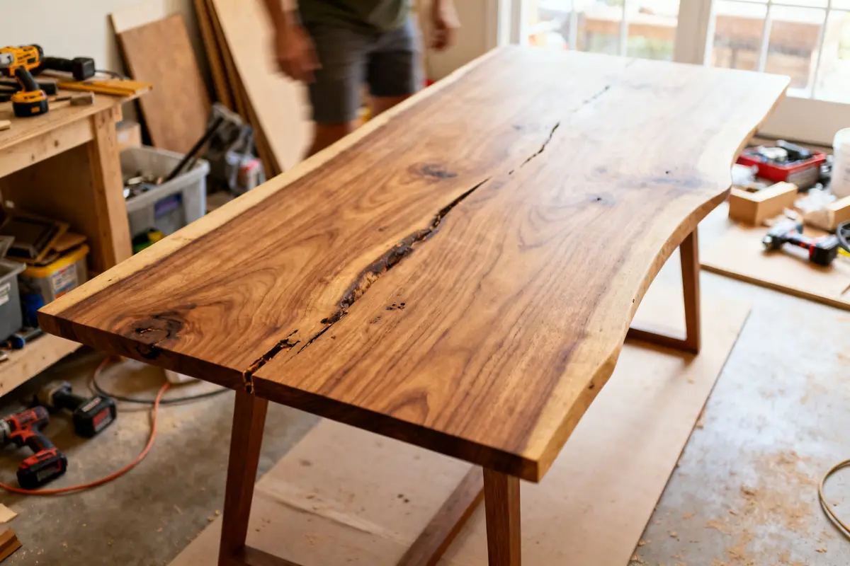 Woodworker crafting DIY modern dining table from live-edge wood in a workshop setting