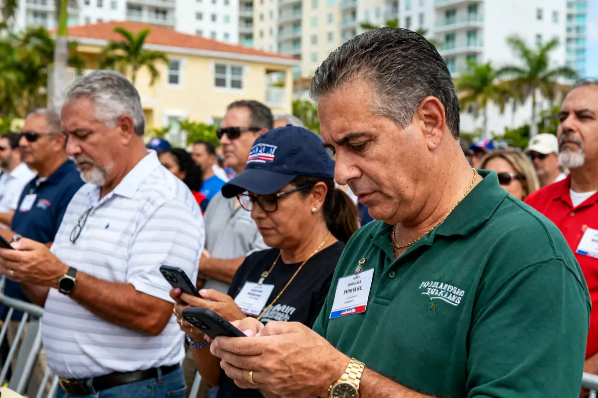 People attend outdoor event, checking phones, auction.com Florida crowd in foreground