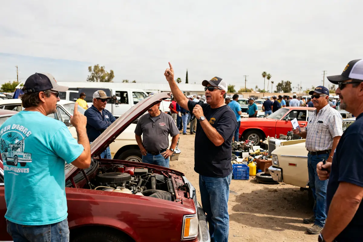 Auctioneer leading car bidding at Bakersfield public auction with people gathered around vehicles