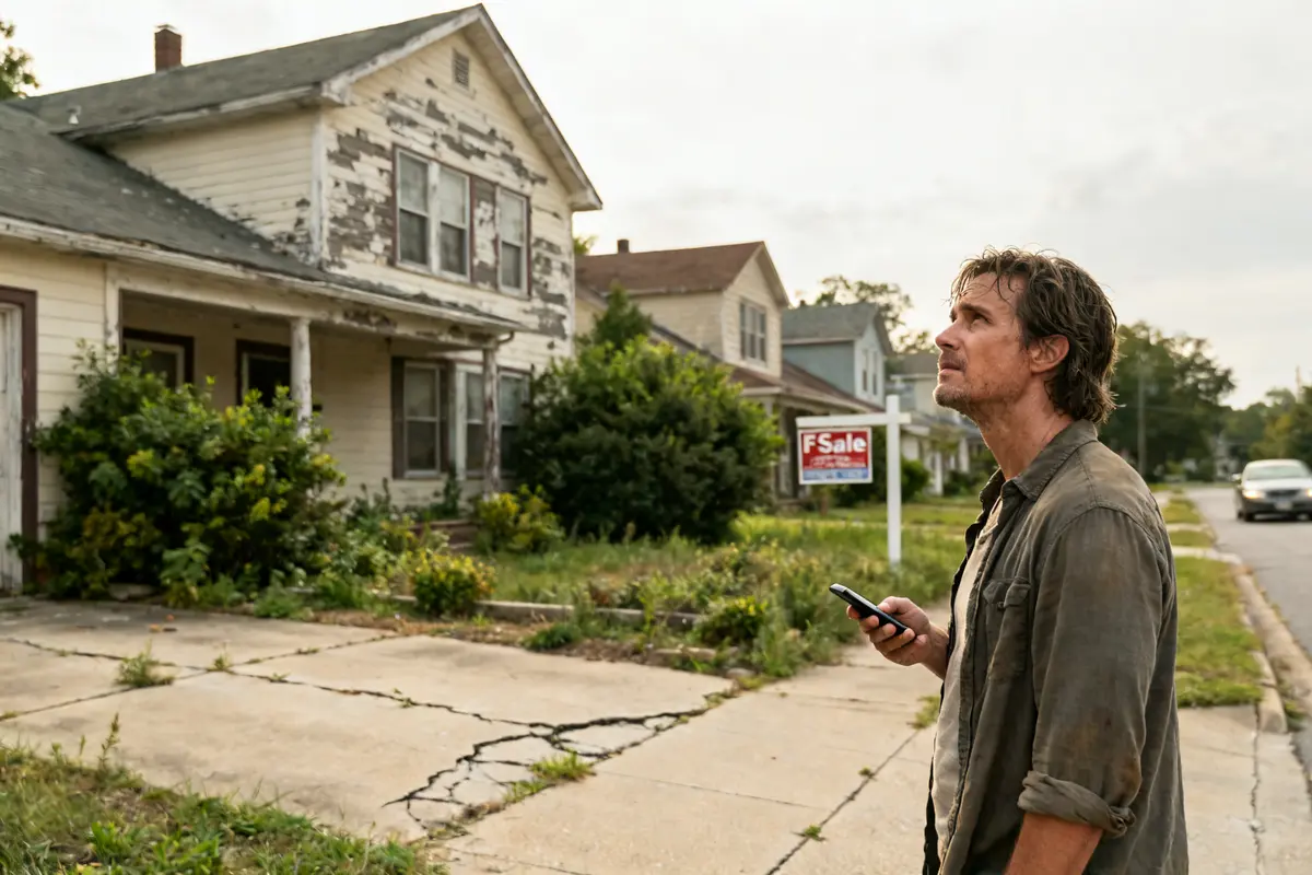 Man inspecting rundown house while considering buying foreclosed homes on sale