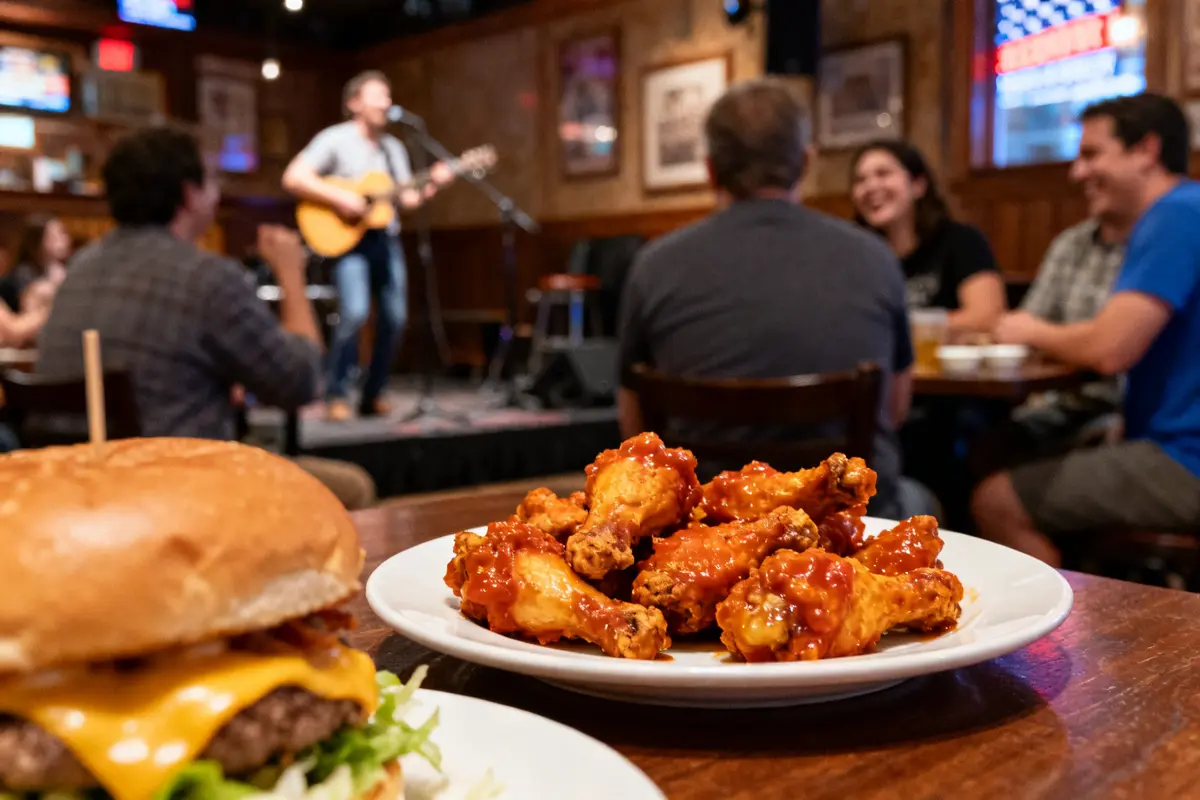 Live music and dining with friends at Club 400 featuring wings and burger