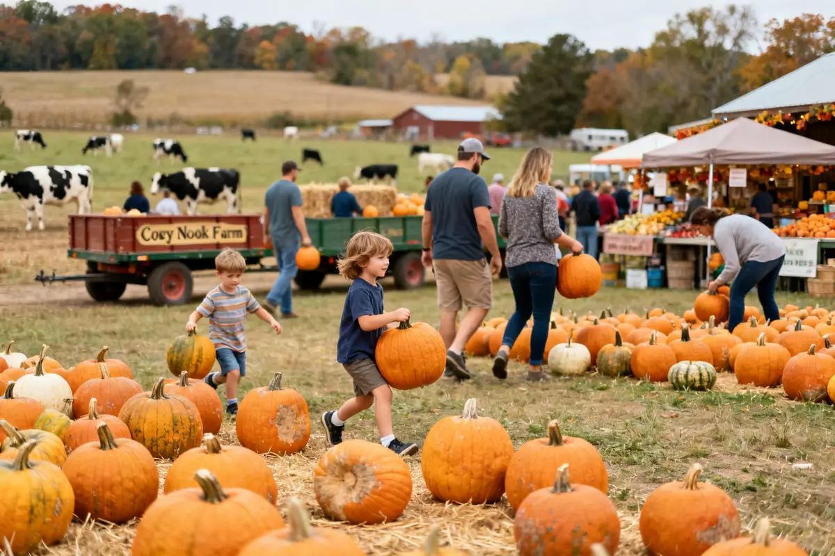 People picking pumpkins at cozy nook farm with cows and market stalls nearby