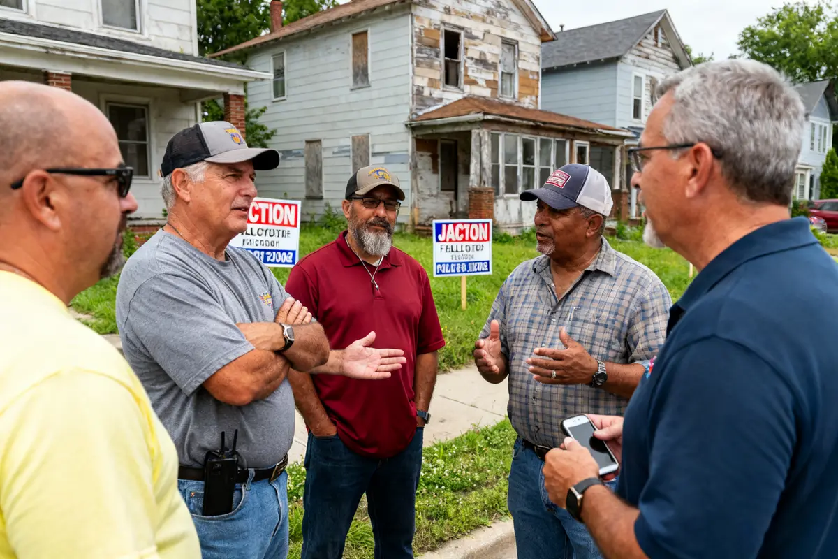 Men discussing foreclosure auctions news in front of abandoned houses with auction signs