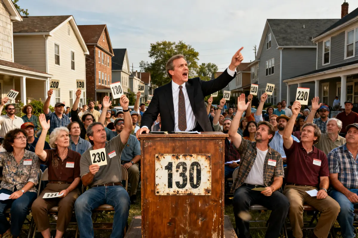 Auctioneer and bidders participating, illustrating how do foreclosure auctions work in a neighborhood setting