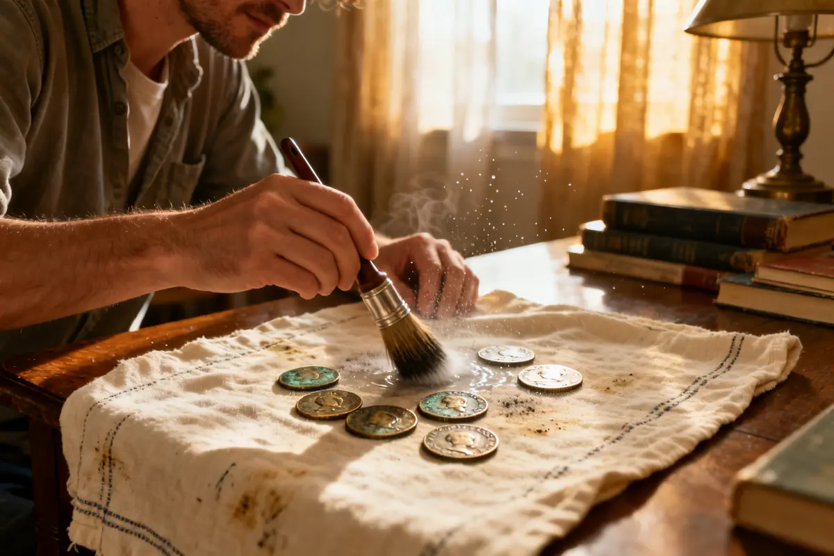 Person demonstrating how to clean antique coins with brush on cloth-covered table