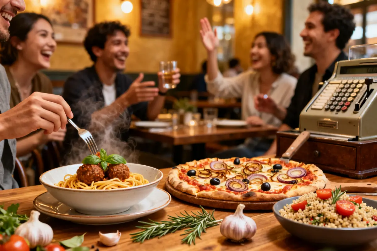 Friends enjoying Italian cuisine, including pizza and pasta, at Mias Waukesha restaurant