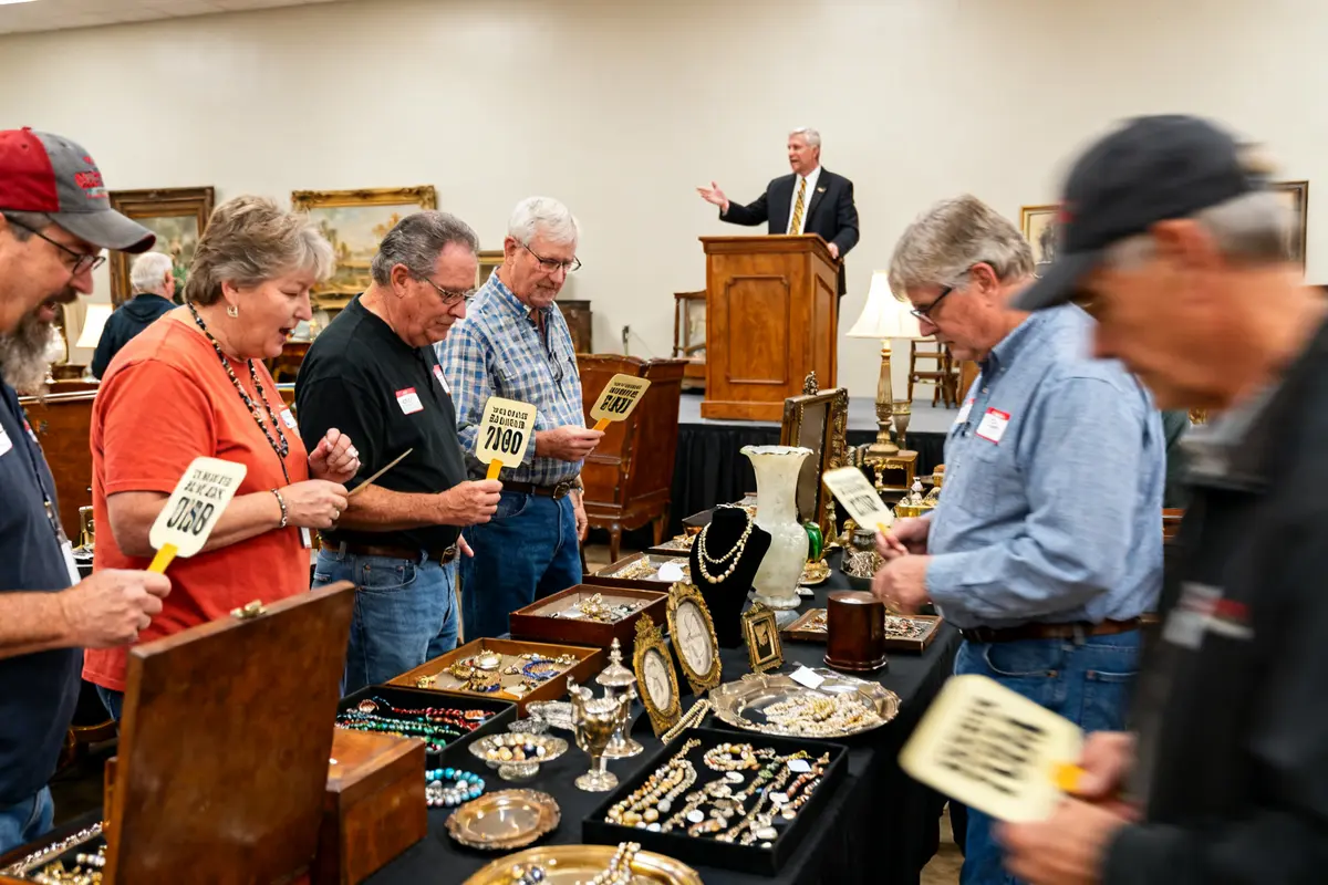 People bidding on jewelry at red rock auctions, an auctioneer stands at a podium