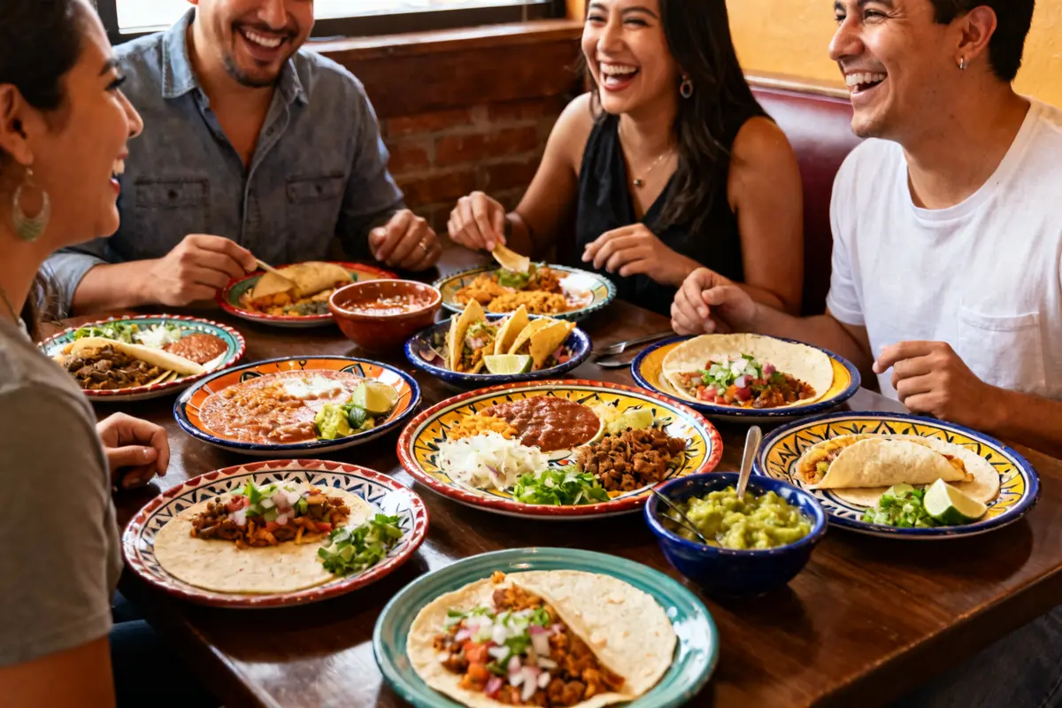 Smiling friends enjoy Mexican dishes at Restaurante Casa Noble with vibrant plates and guacamole