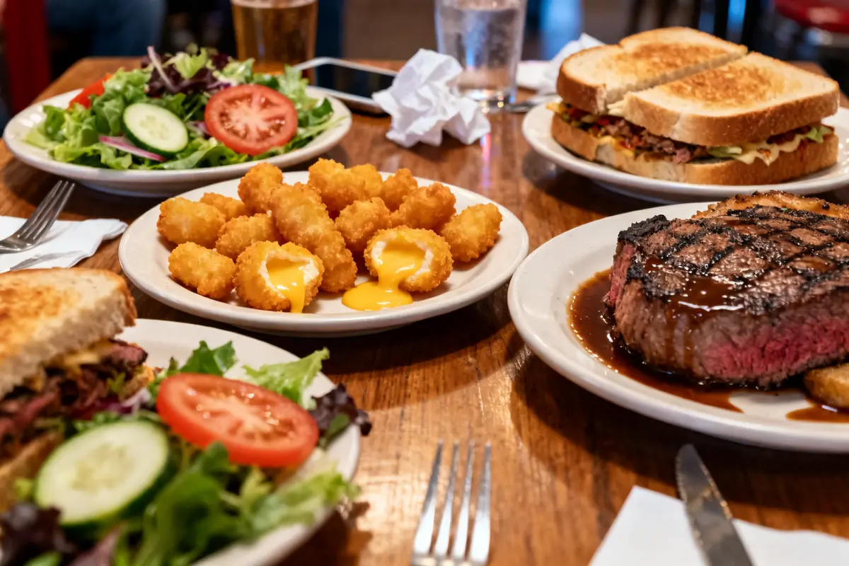 Thunder Bay Grille Pewaukee menu items: steak, salad, sandwiches, and fried cheese curds on table