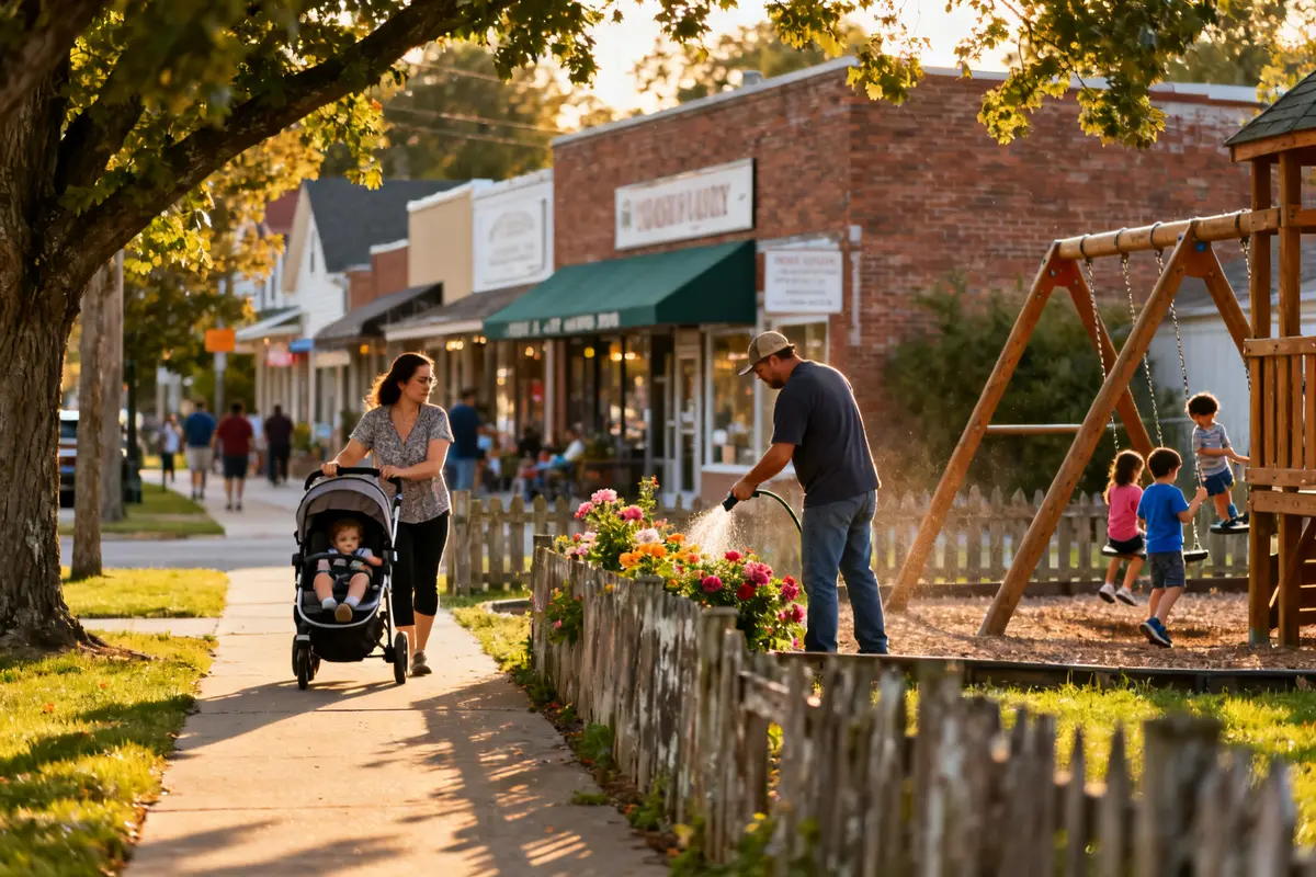 Woman with stroller walking near playground in village of Waukesha neighborhood