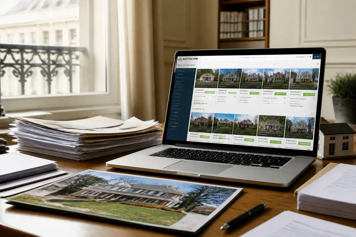 Laptop displaying Ohio property listings on auction.com in a home office setting