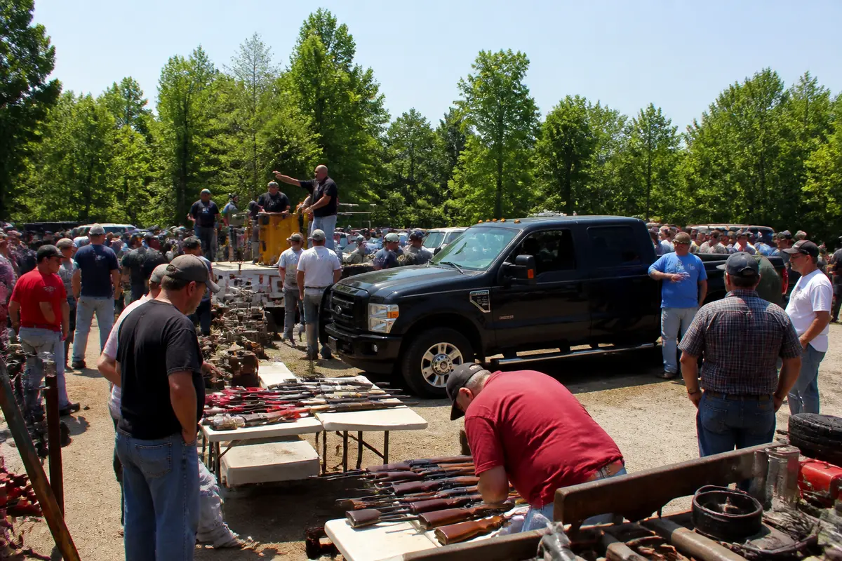 Auction at Bancroft Auctions Michigan with people examining items and a pickup truck nearby