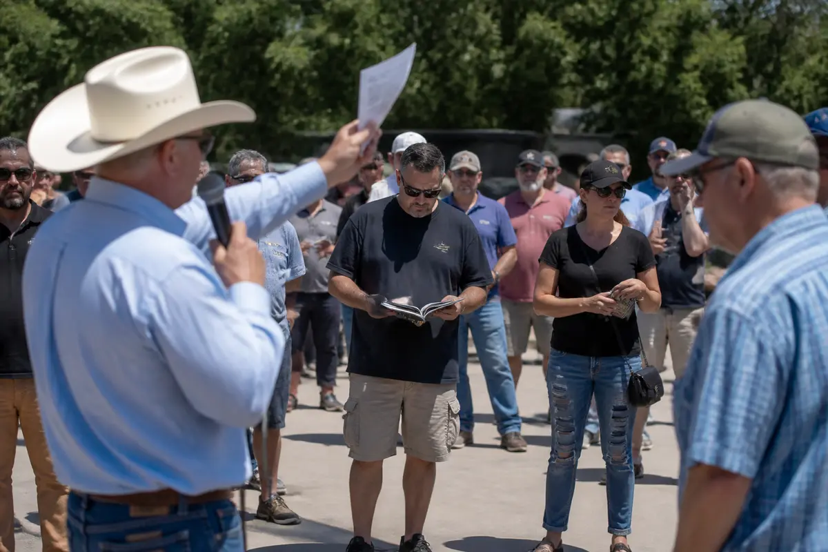 Auctioneer addresses crowd at outdoor auction event for Collin County foreclosures