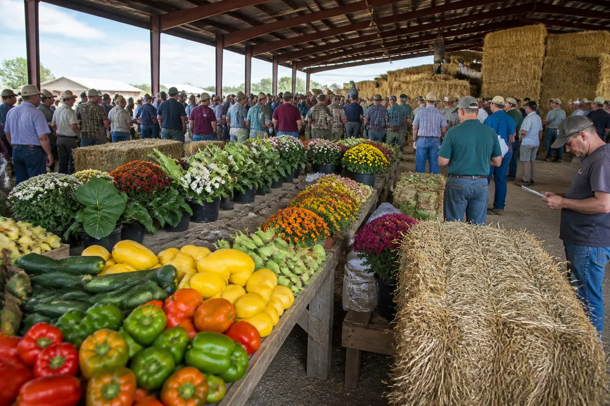 Colorful produce and flowers at Kutztown auction event under a large rustic pavilion