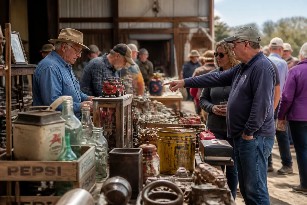 People browsing vintage items at an outdoor auction with Nunn Auction attendees