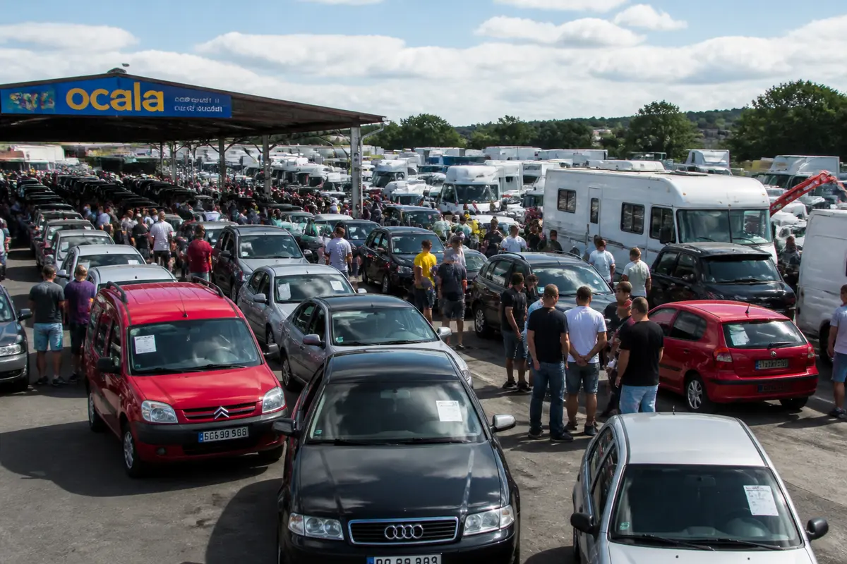 Crowded car and RV market at the Ocala auction under a sunny sky
