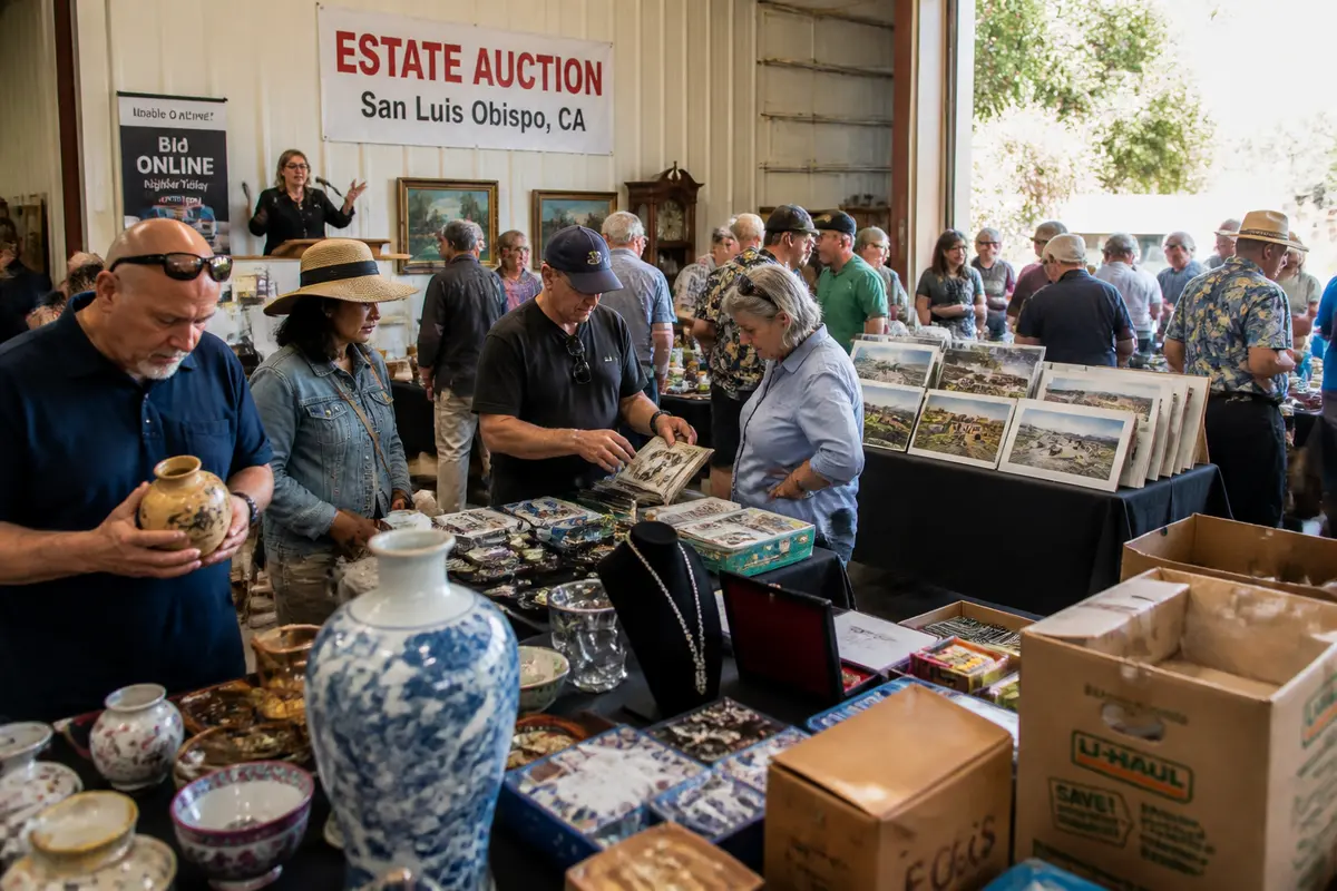 People browsing antiques and art at San Luis Obispo auctions in a spacious indoor venue