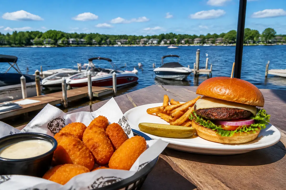 Burger and fried cheese curds by the lake at Sports Dock Pewaukee dining area