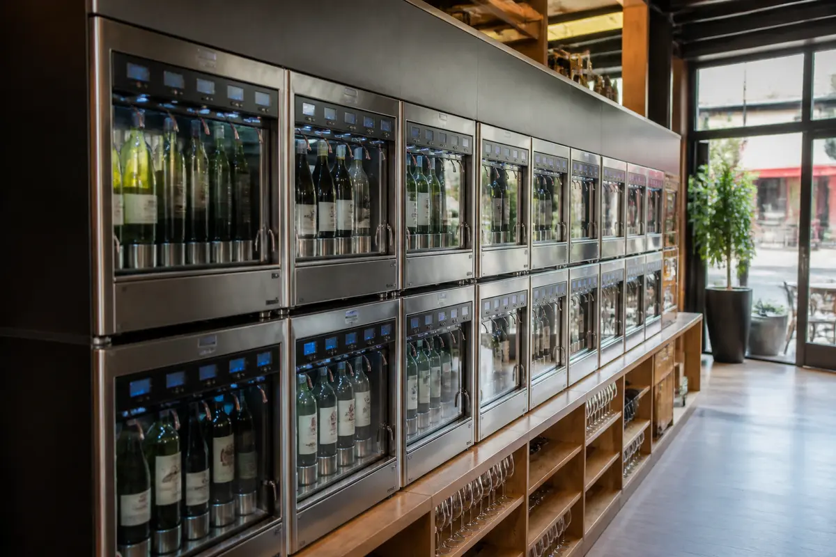 Wine dispensers at Spring City Wine House with glass shelves beneath in modern setting