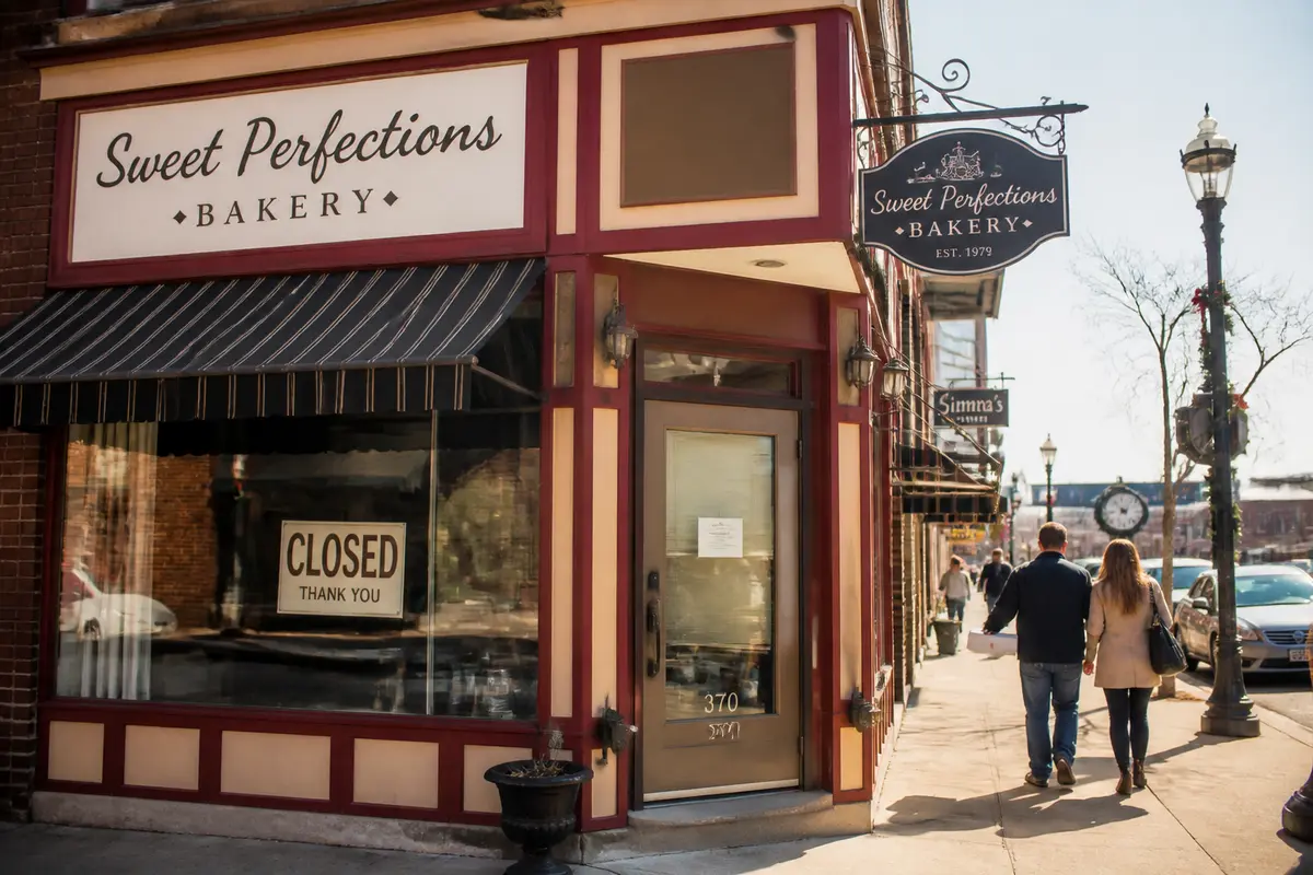 Closed Sweet Perfections Bakery in Waukesha with a couple walking down the street
