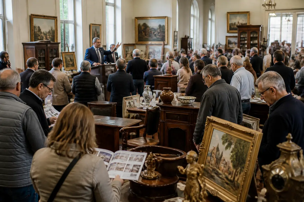 People bidding at a crowded Thomasville auction filled with artwork and antique furniture