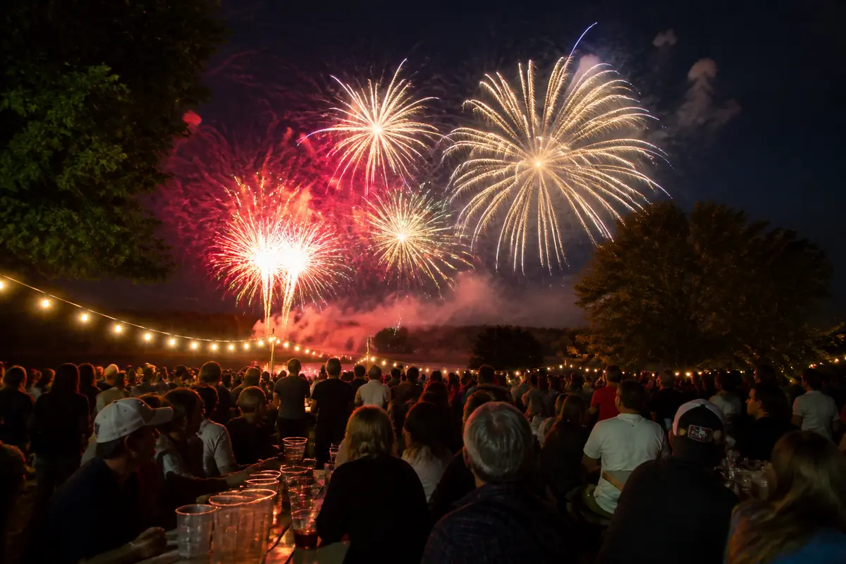 Crowd enjoys colorful fireworks display during the Waukesha fireworks 2025 celebration at night